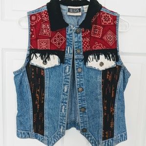 Vintage embellished western jean vest jacket